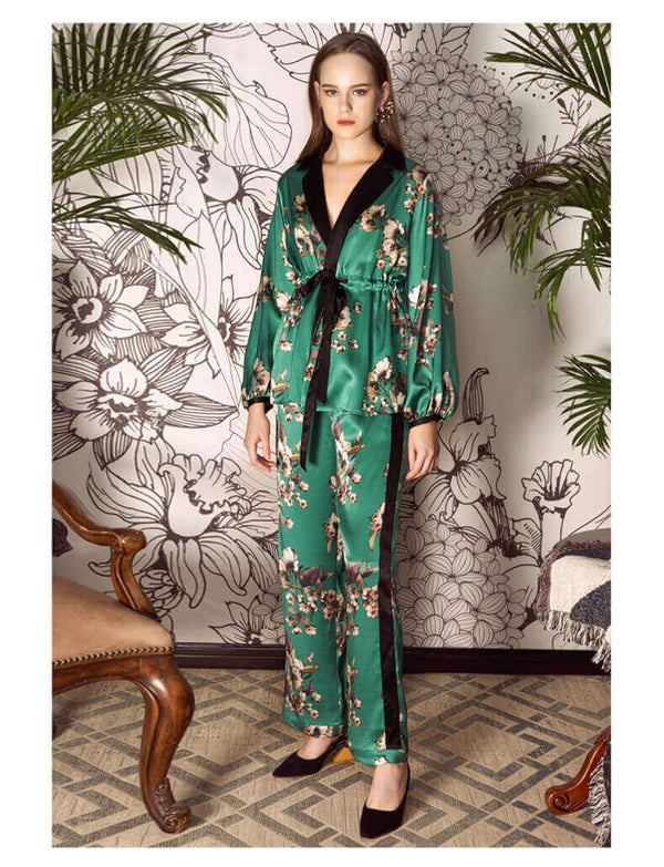 Schlafanzug aus 100%seide mit Blumenmuster Damen Langarm Seiden Pyjama mit Gürtel und Knopfleiste Nachtwäsche Frauen