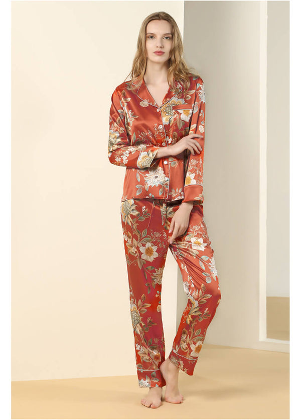 Seiden Schlafanzug Damen Pyjama mit Blumendruck und Langarm Seidenpyjama Frauen Knopfleiste Eleganter Schlafanzug