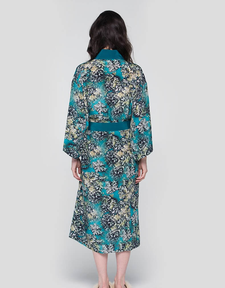 Seidenmantel mit Seetangdruck Damen 100%Seide Kimono für Frauen mit Hüftgurt und 3/4 langen Ärmeln