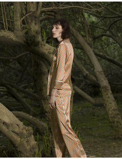 Seiden Schlafanzug mit Geometrisches Muster für Damen 100%Seide Pyjama Frauen 3/4 Lange Ärmel Knopfleiste