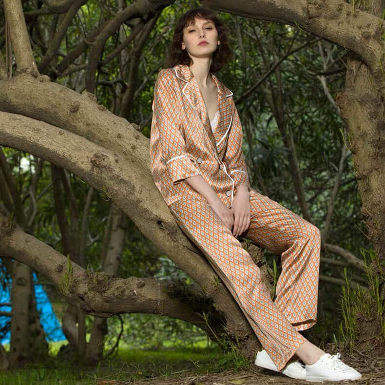 Seiden Schlafanzug mit Geometrisches Muster für Damen 100%Seide Pyjama Frauen 3/4 Lange Ärmel Knopfleiste