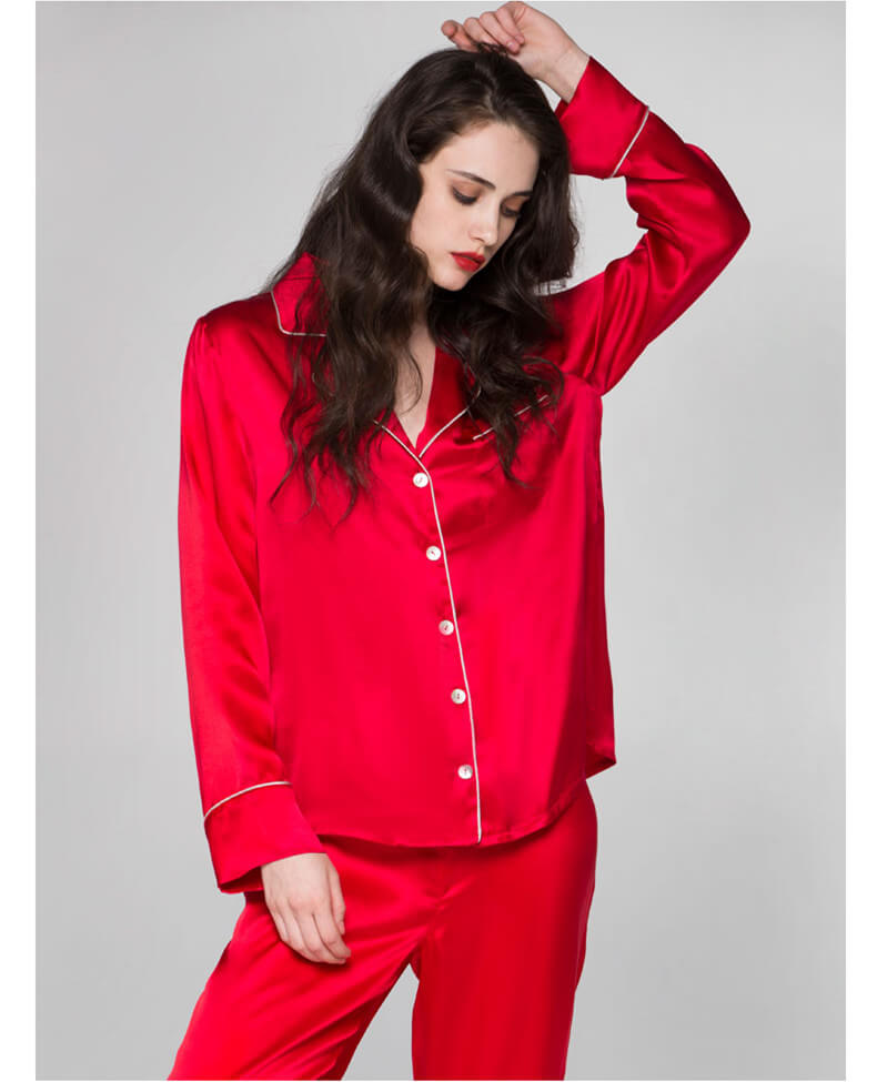 Schlafanzug Damen 100%Seide Lange Ärmel Seiden Pyjama Knopfleiste Nachtwäsche Damen