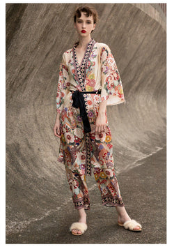 Kimono Set 100%Seide Damen Seiden Morgenmantel Set mit Blumenmuster und Gürtel für Damen Asia Kimono Frauen 1/2 Hülse