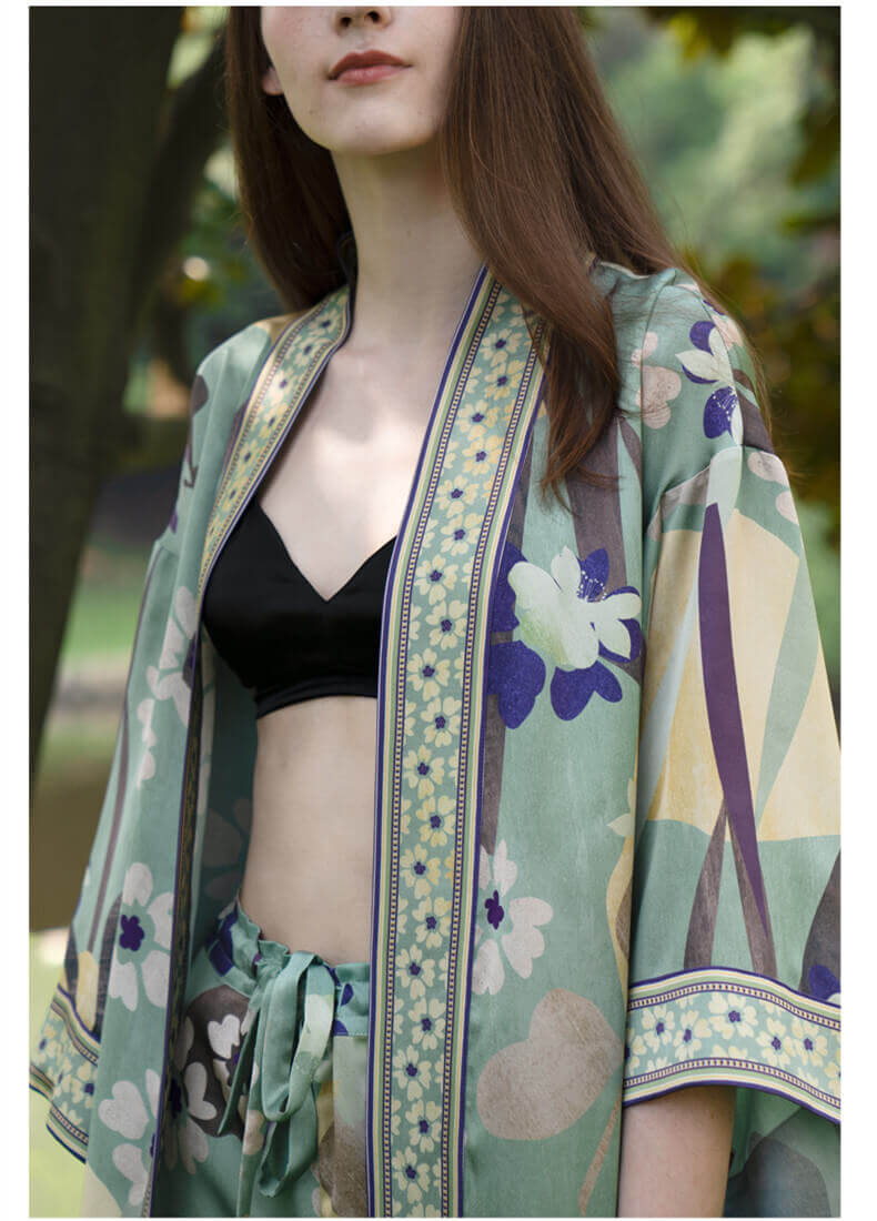 Kimono Set aus Seide Damen Seiden Morgenmantel Set mit Blumenmuster und Gürtel für Damen Elegant Kimono Frauen 1/2 Hülse