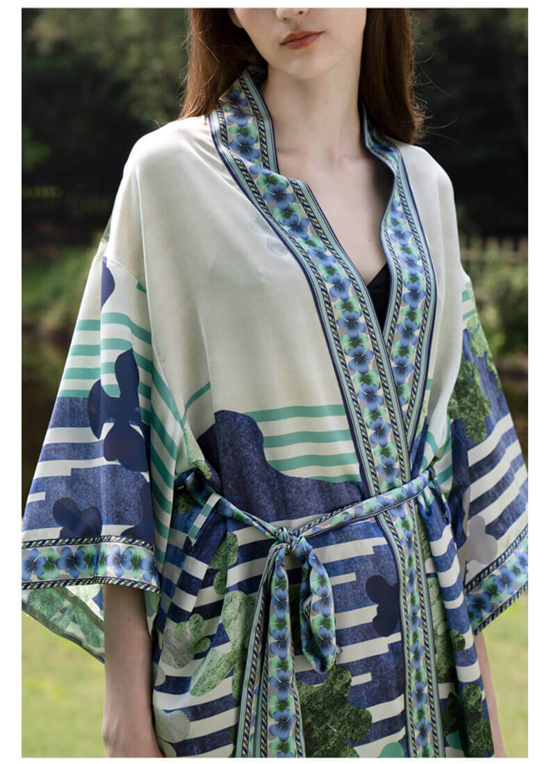 Kimono Set Damen 100% Seide Morgenmantel und Hose mit Blumendruck und 1/2 Ärmel und Gürtel Luxus Bademantel Set
