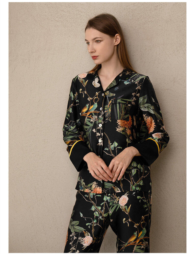 Damen mit Fashion aus – Langarm Nachtwäsche Seide Schlafanzug Blumendruck Lily