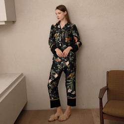 Damen Schlafanzug aus Seide mit Fashion Nachtwäsche Langarm Lily – Blumendruck