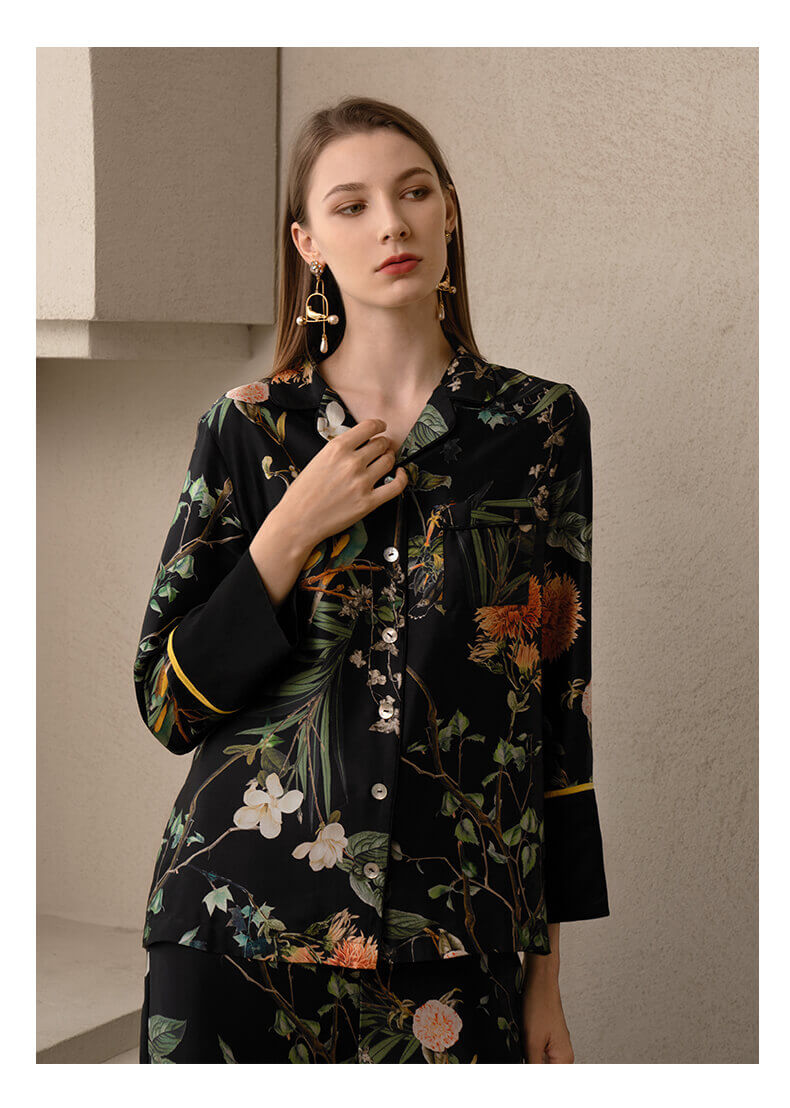 Damen Schlafanzug aus Seide mit Blumendruck Langarm Nachtwäsche – Lily  Fashion