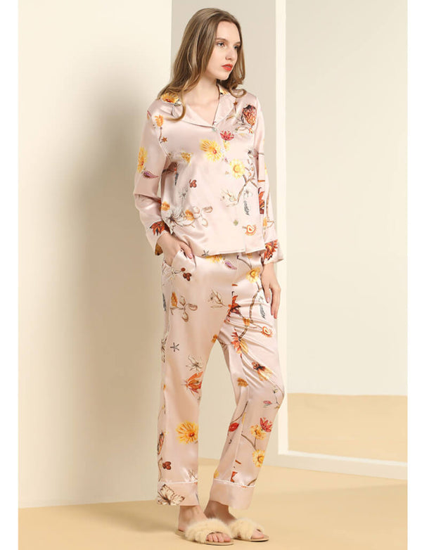 100%Seide Schlafanzug Damen Seiden Schlafanzug mit Blumendruck und Langarm Pyjama Frauen Schöne Pyjama mit Knopfleiste