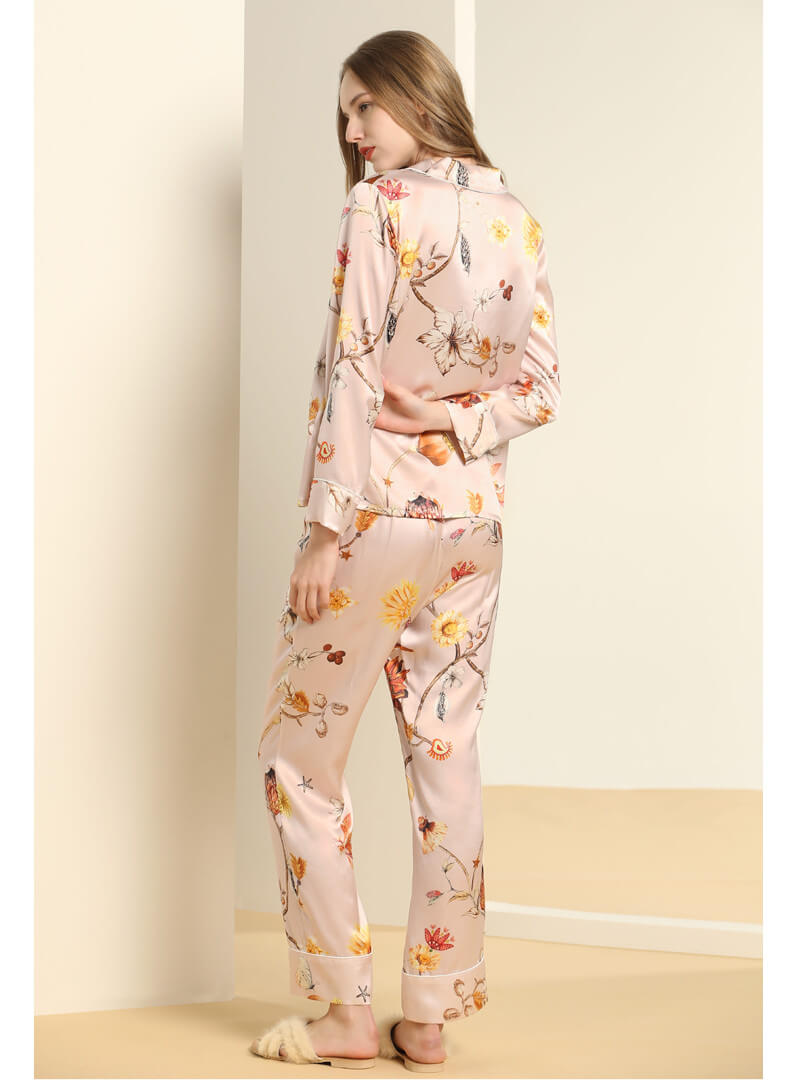 100%Seide Schlafanzug Damen Seiden Schlafanzug mit Blumendruck und Langarm Pyjama Frauen Schöne Pyjama mit Knopfleiste