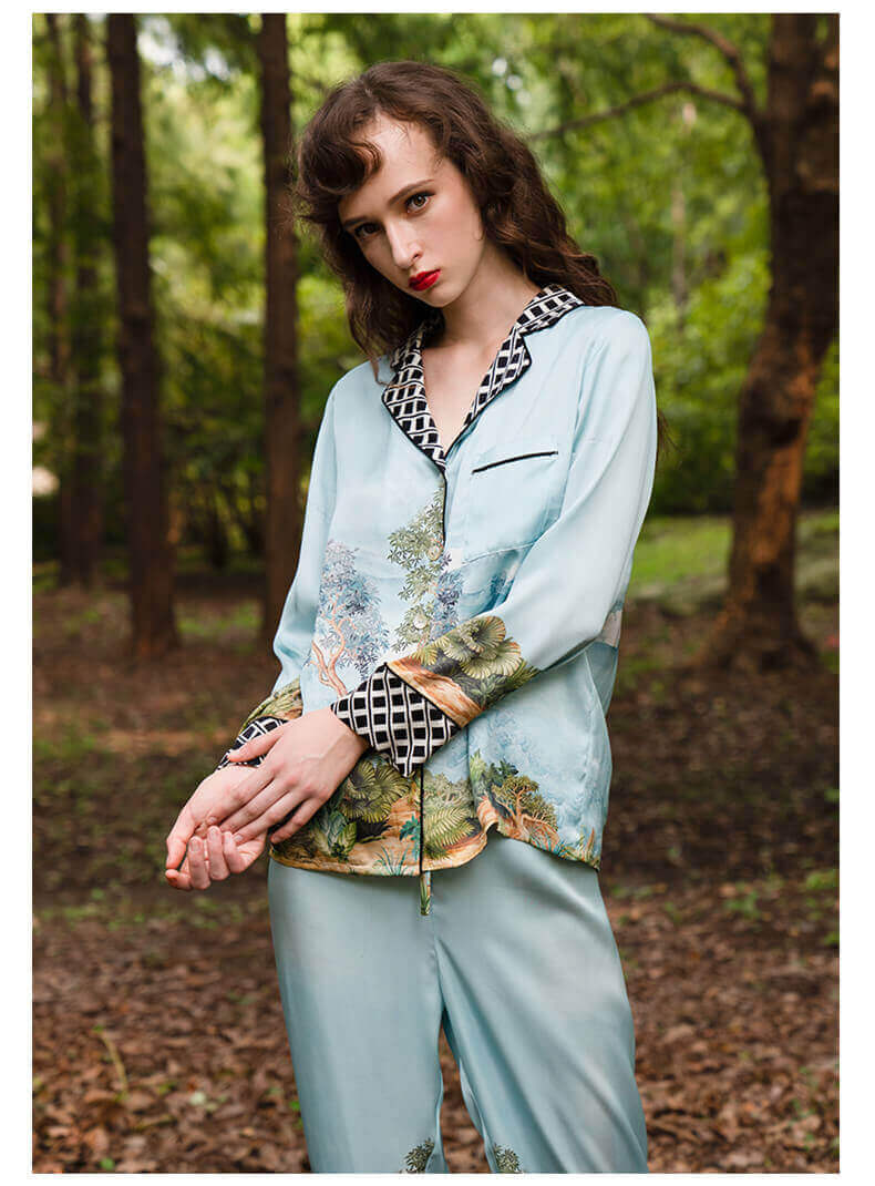 Schlafanzug 100%Seide Damen Seiden Schlafanzug mit Baumdruck und Langarm Seiden Pyjama Frauen Eleganter Pyjama mit Knopfleiste