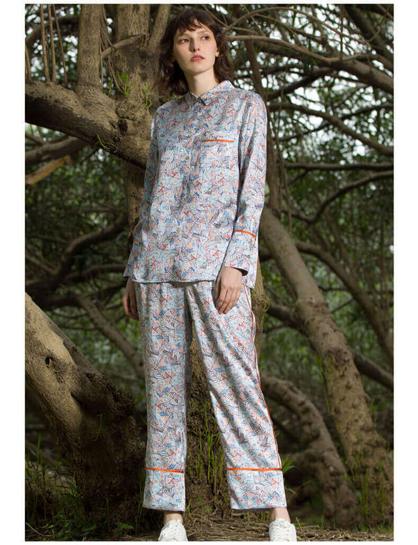 Schlafanzug Damen 100%Seide Pyjama mit geometrischem Aufdruck und Langarm Eleganter Frauen Schlafanzug  mit Knopfleiste