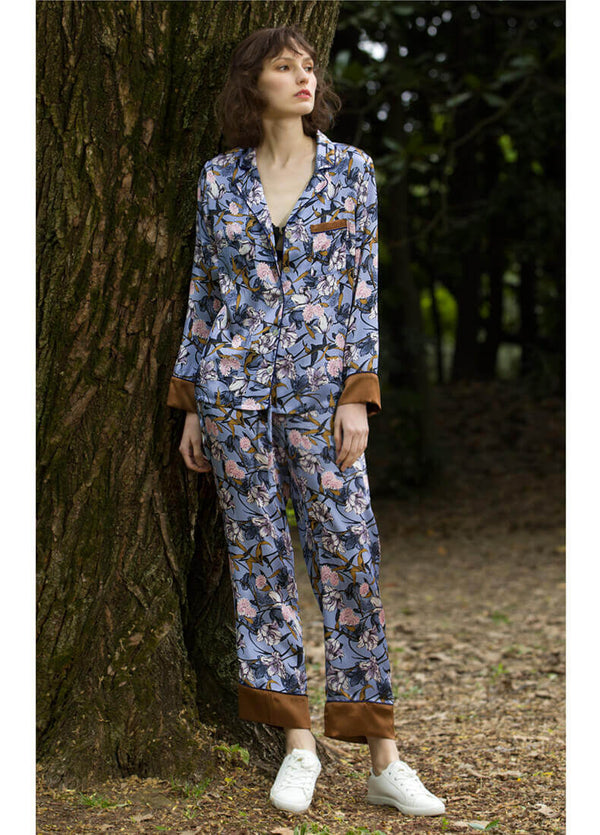 Schlafanzug 100%Seide Damen Seiden Schlafanzug mit Blumendruck und Knopfleiste Seidenpyjama Frauen Langarm Luxus Pyjama