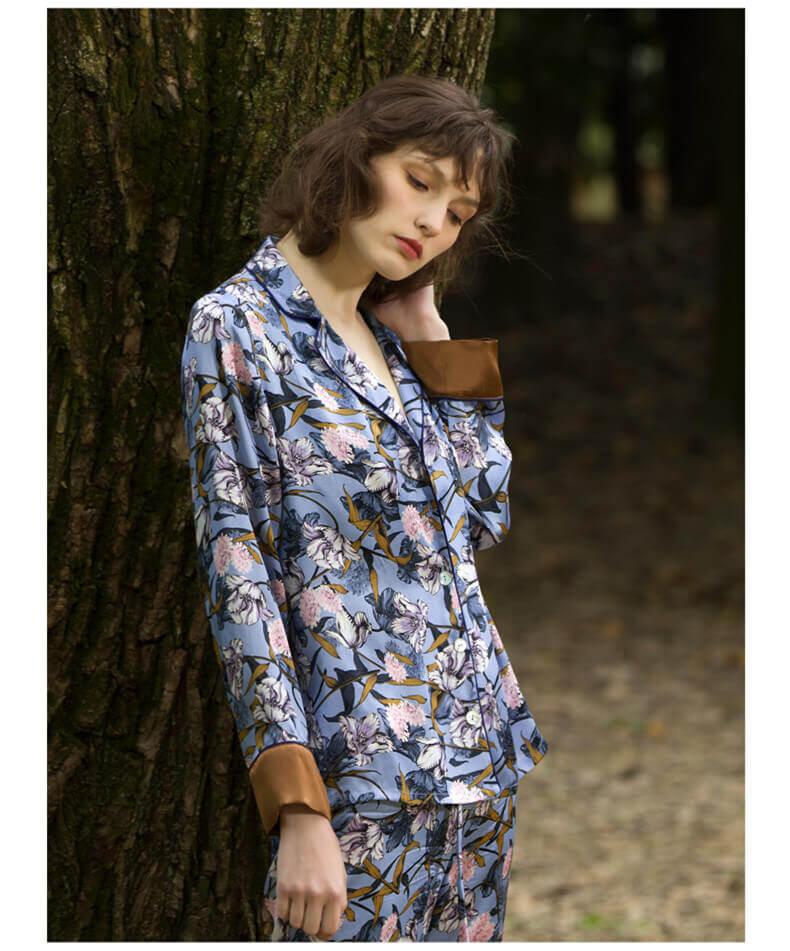 Schlafanzug 100%Seide Damen Seiden Schlafanzug mit Blumendruck und Knopfleiste Seidenpyjama Frauen Langarm Luxus Pyjama