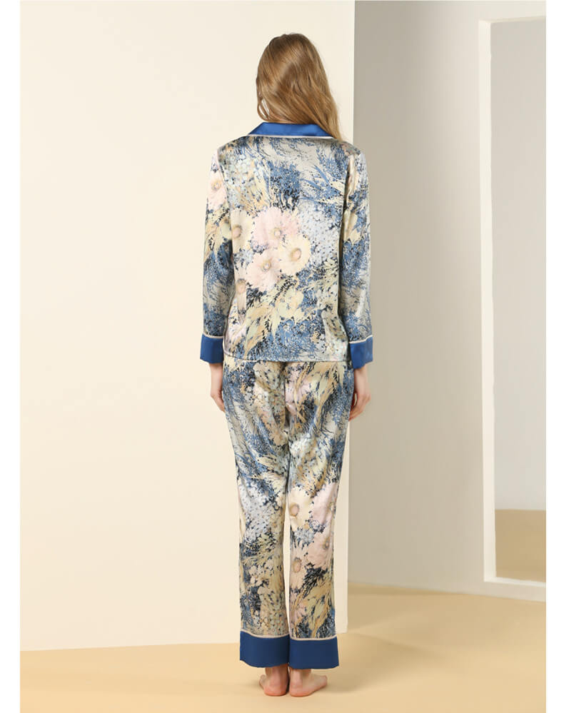 Schlafanzug Damen Seidenpyjama mit Malerei Druck und Knöpfe Luxus Pyjama Langarm Frauen