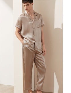 Schlafanzug Herren 100% Seide 19mm Seiden Schlafanzug Kurzarm Knopfleiste Pyjama Männer klassische Sommer Schlafanzug
