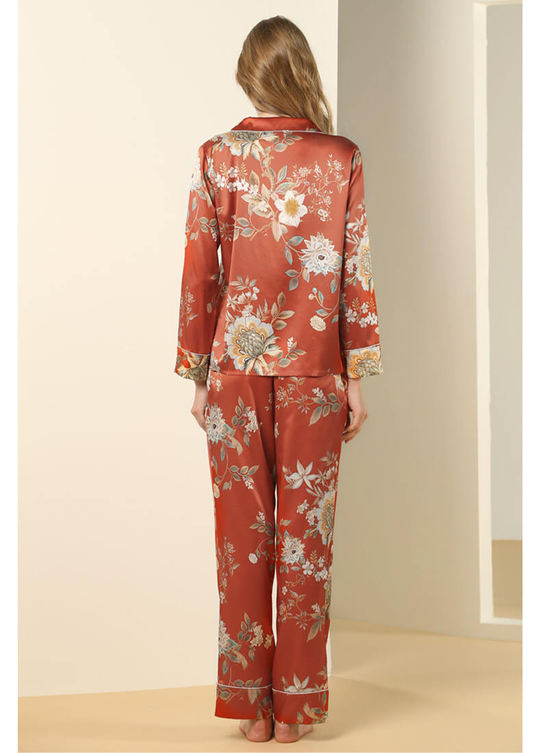 Seiden Schlafanzug Damen Pyjama mit Blumendruck und Langarm Seidenpyjama Frauen Knopfleiste Eleganter Schlafanzug