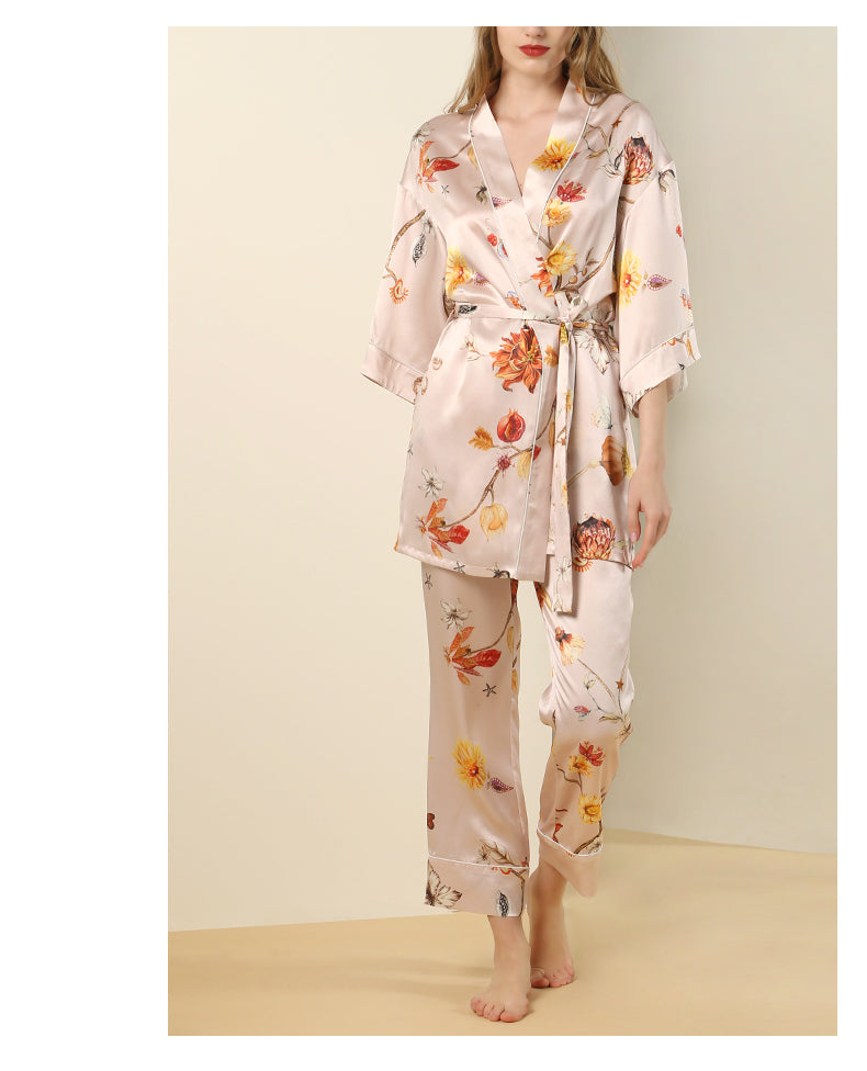 Kimono Set mit Blumendruck für Damen 100% Seide 3/4 Ärmel eleganter Pyjama Set für Damen mit Hüftgurt