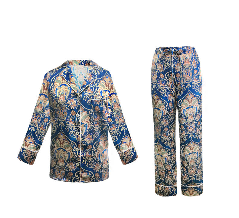 Seiden Schlafanzug mit Blumendruck für Damen 100%Seide Pyjama Frauen Lange Ärmel Knopfleiste