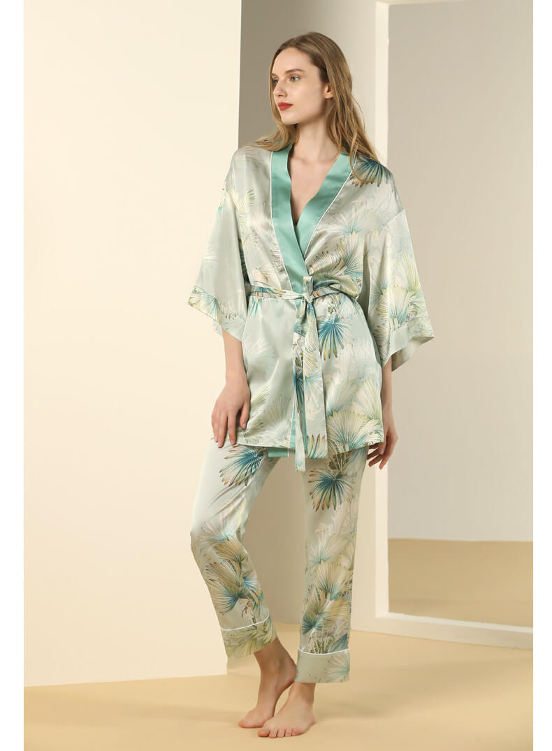 100%Seide Kimono mit Palmenblätter Druck für Damen Seiden Morgenmantel mit 1/2 Ärmel und Hüftgurt Hochwertige Pyjamas Frauen