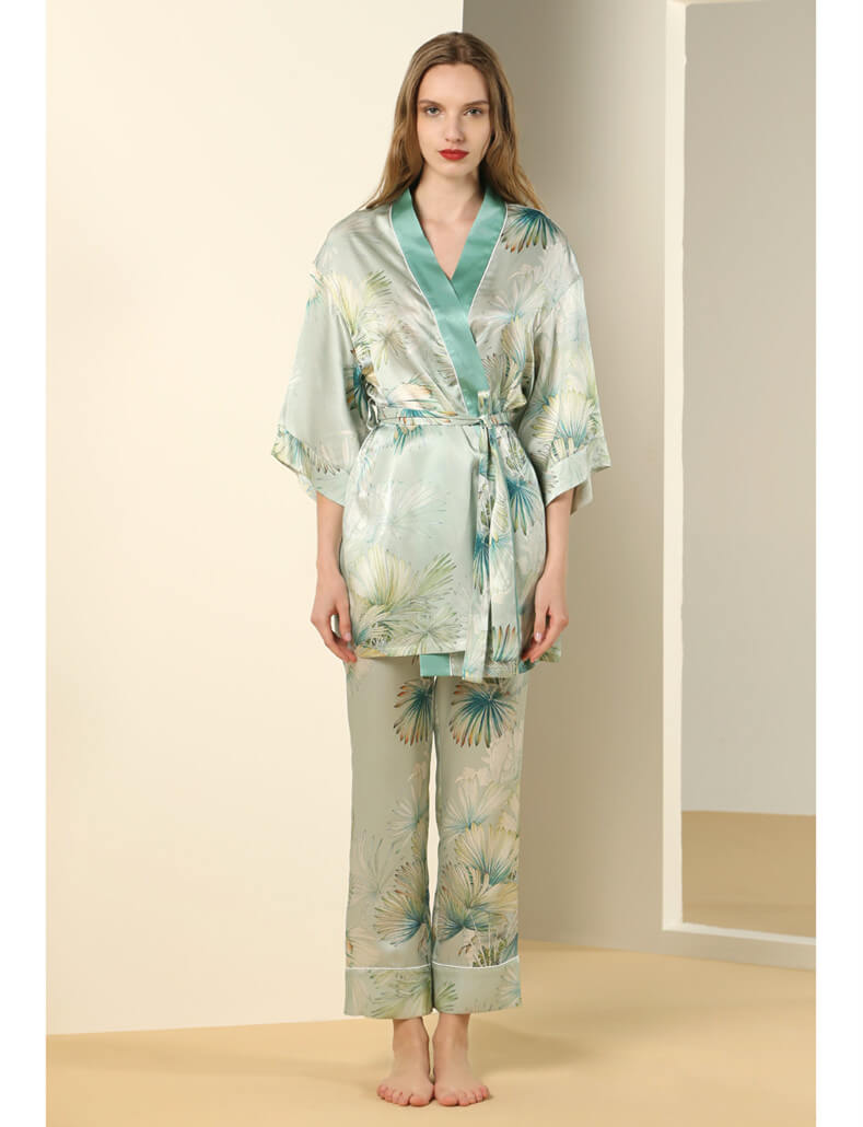 100% Seide Schlafanzug Set mit Palmblättern Druck für Frauen Seide Pyjama Set mit 1/2 Ärmeln und Hüftgurt Hochwertige Pyjamas Frauen