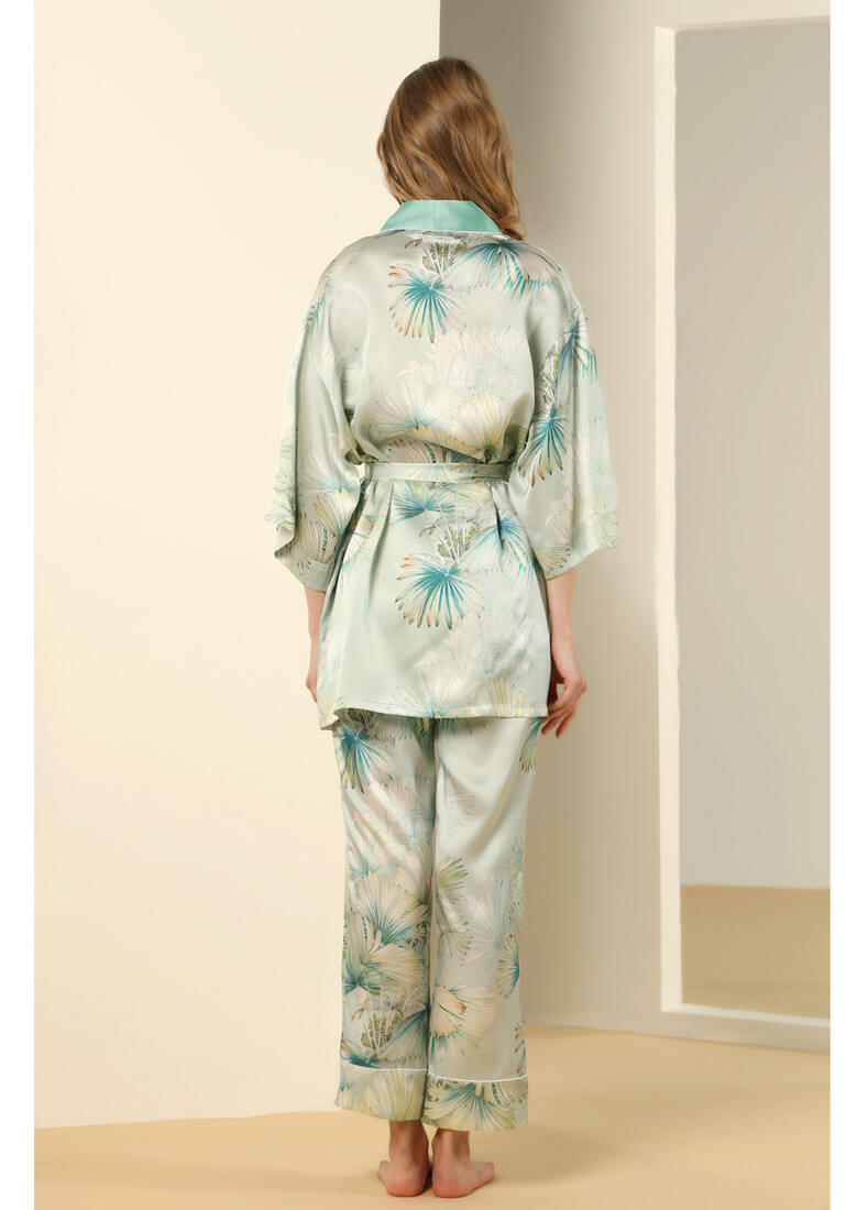 100% Seide Schlafanzug Set mit Palmblättern Druck für Frauen Seide Pyjama Set mit 1/2 Ärmeln und Hüftgurt Hochwertige Pyjamas Frauen