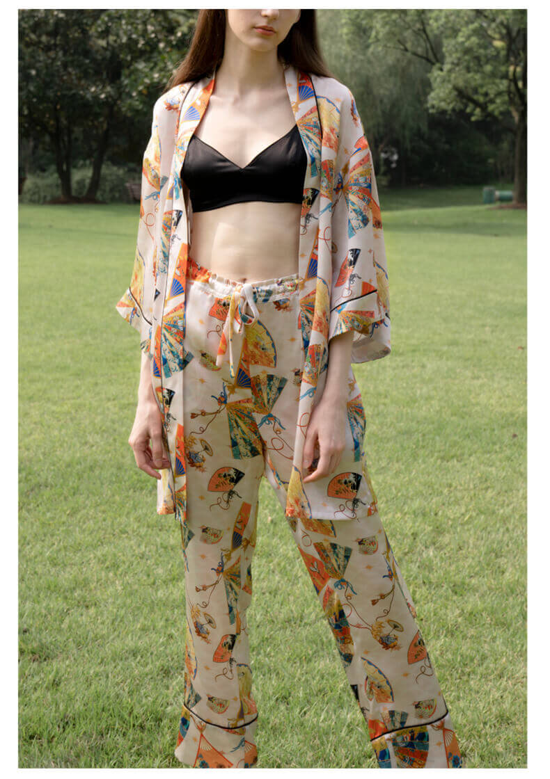Kimono Schlafanzug aus 19MM 100% Seide mit ausgefallenem Fächerdruck für Damen