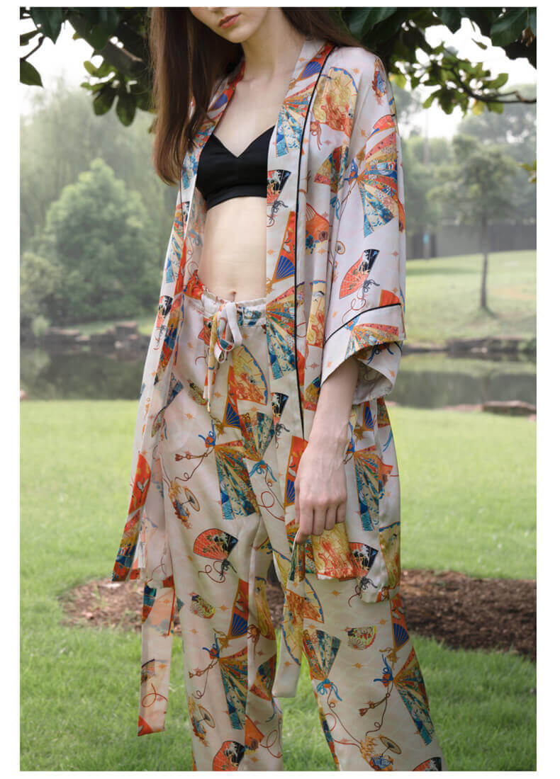 Kimono Schlafanzug aus 19MM 100% Seide mit ausgefallenem Fächerdruck für Damen