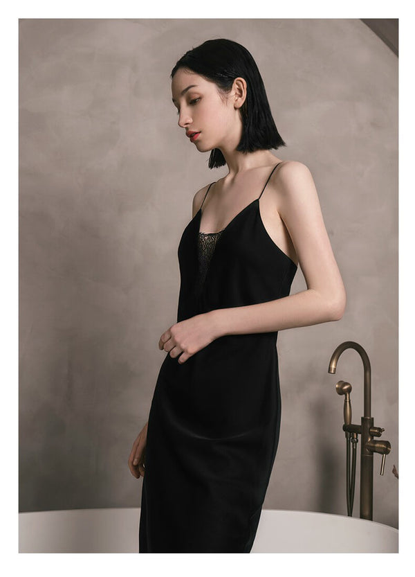 22MM 100% Seide Spaghettiträger Nachthemd schwarz klassisch sexy Kleid