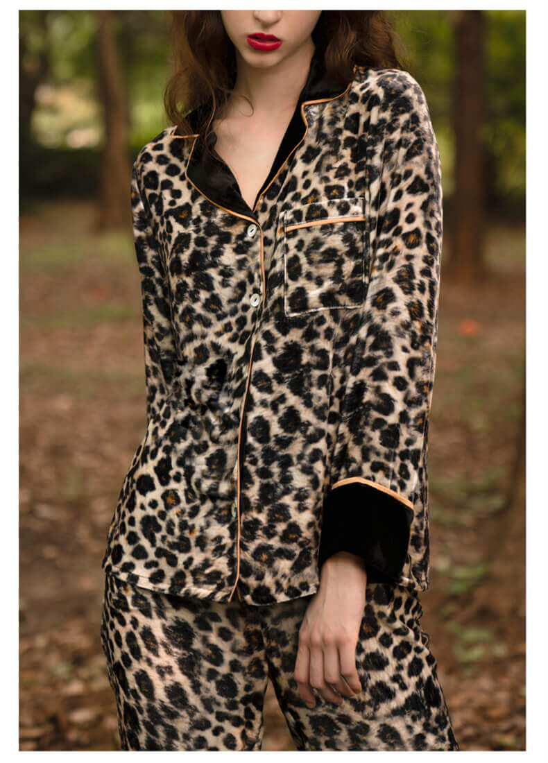 Leopard Seidensamt Schlafanzug Knopfleiste Langarm Winter Pyjama für Damen