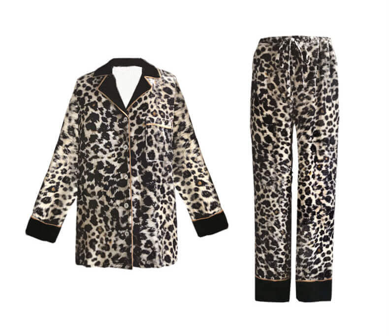 Leopard Seidensamt Schlafanzug Knopfleiste Langarm Winter Pyjama für Damen