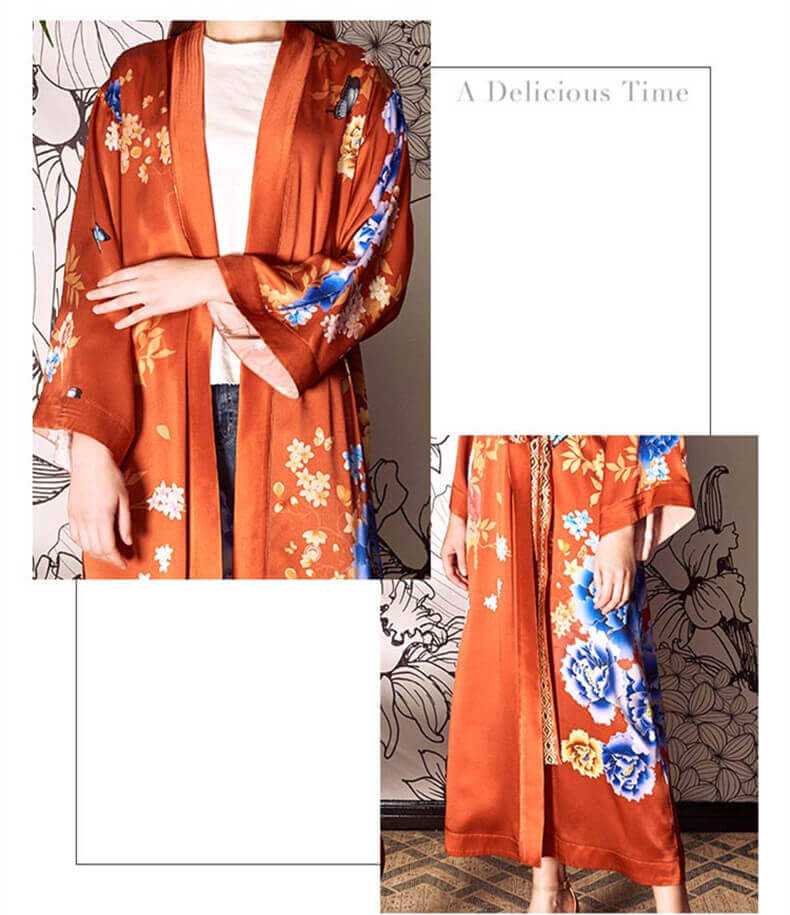 Morgenmantel aus 100% Seide mit Blumenmuster Damen Seiden Kimono mit Hüftgurt und Dreiviertel Langem