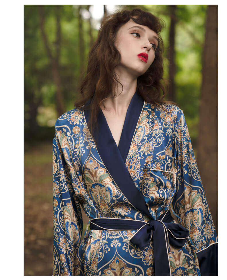 100%Seide Morgenmantel mit Blumenmuster Damen Seiden Kimono mit Hüftgurt Lange Ärmel