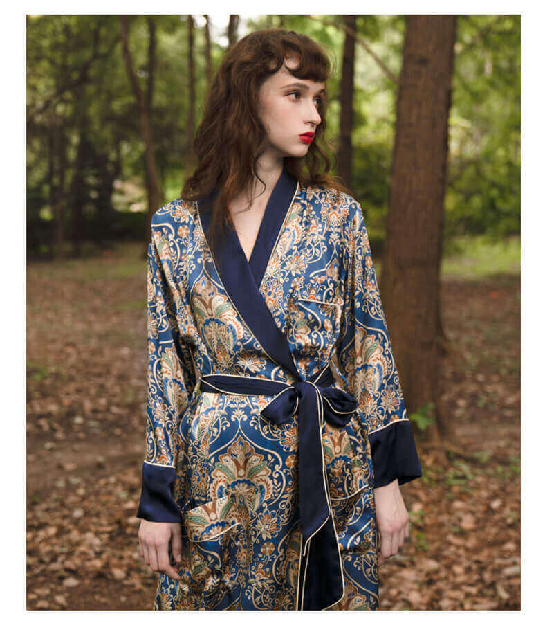 100%Seide Morgenmantel mit Blumenmuster Damen Seiden Kimono mit Hüftgurt Lange Ärmel