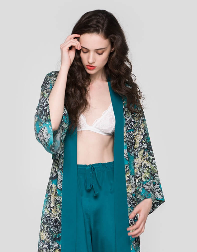 Seidenmantel mit Seetangdruck Damen 100%Seide Kimono für Frauen mit Hüftgurt und 3/4 langen Ärmeln