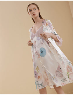 100% Seide Kimono mit Blumendruck Morgenmäntel mit 1/2 Ärmel und Georgette Manschette