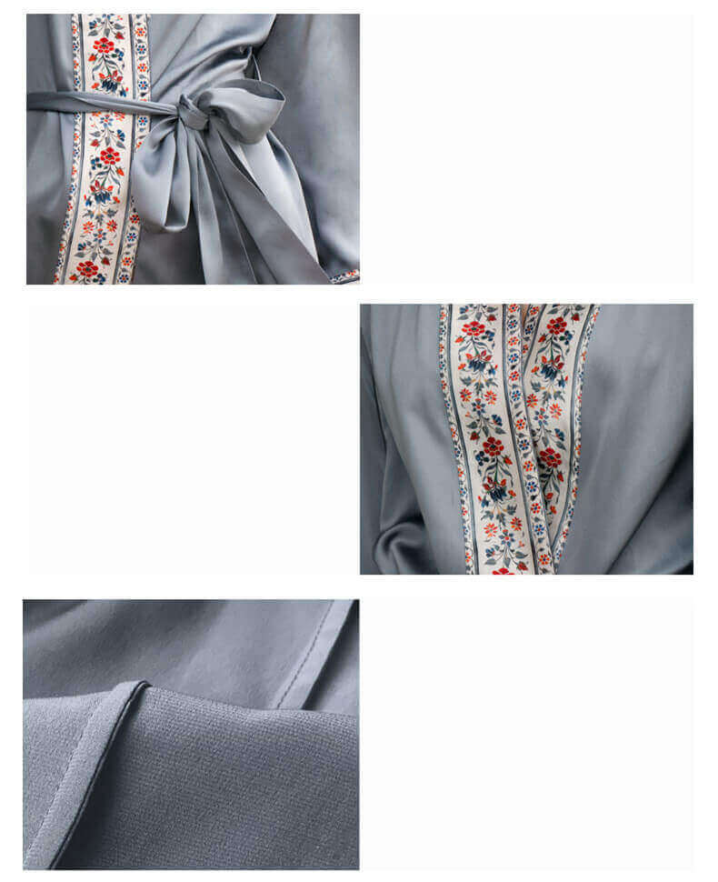 Kimono Damen 100% Seide Morgenmantel mit Langarm und Gürtel Luxus Bademantel