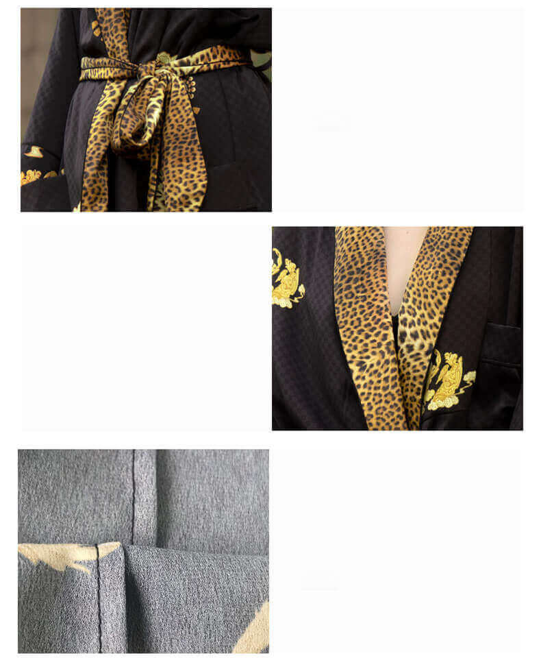 Morgenmantel 100%Seide Damen Seidenmantel mit Leopardenmuster Luxuriöser Bademantel mit langen Ärmeln und Gürtel