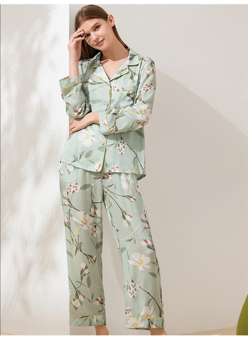 Schlafanzug Damen Seiden Schlafanzug mit Blumendruck und Langarm Pyjam –  Lily Fashion