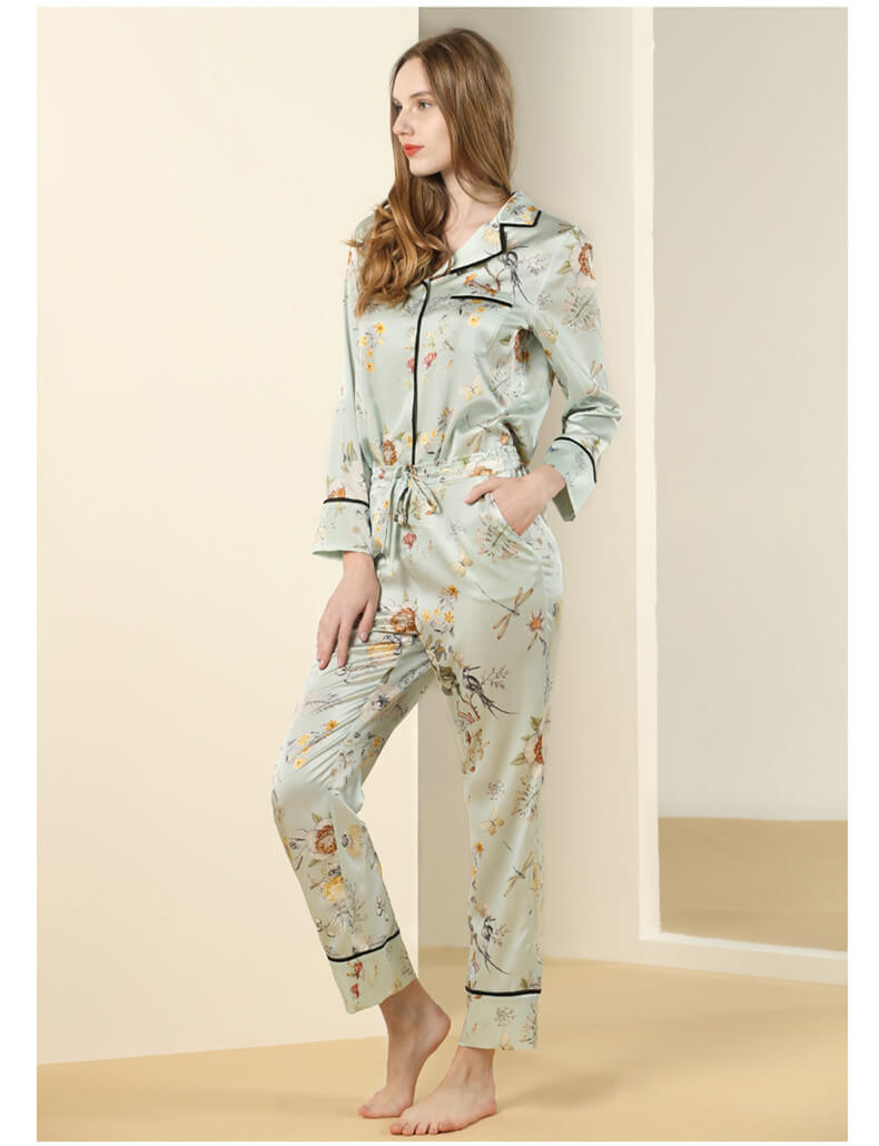 Seiden Schlafanzug Damen Schlafanzug mit Blumendruck und Langarm Seiden Pyjama Frauen Knopfleiste Eleganter