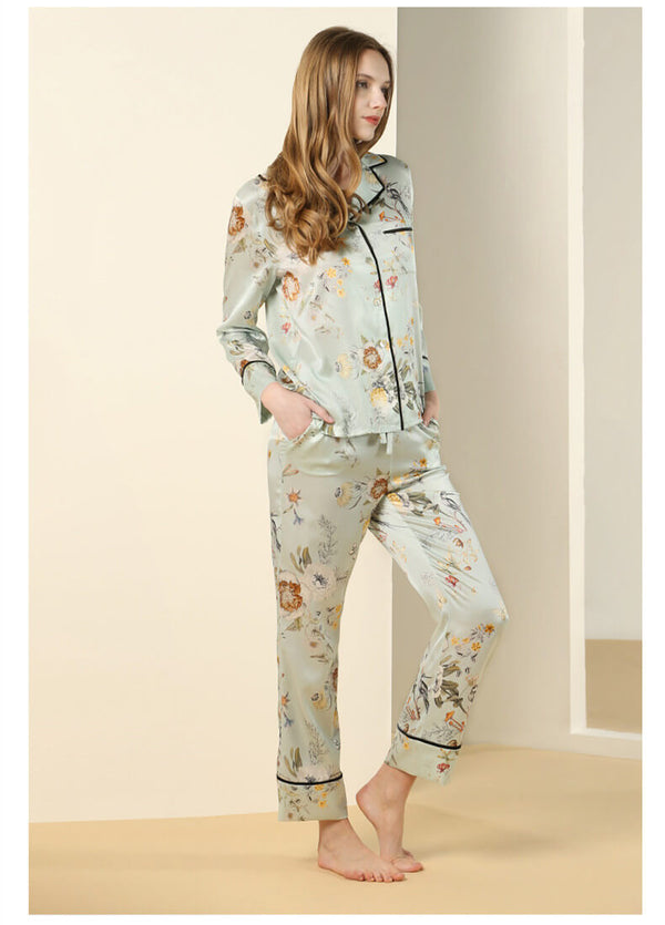 Seiden Schlafanzug Damen Schlafanzug mit Blumendruck und Langarm Seiden Pyjama Frauen Knopfleiste Eleganter